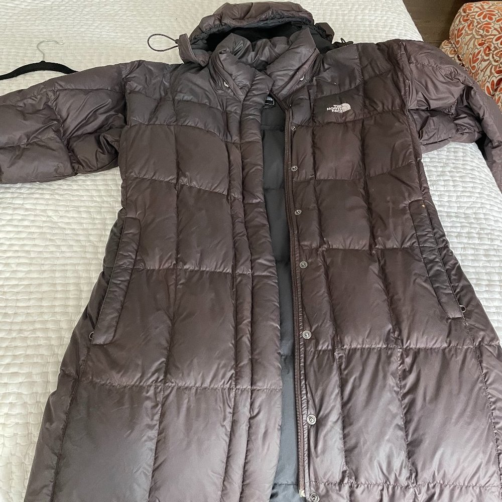 Northface Large Brown mid-length Down Coat (with hood)